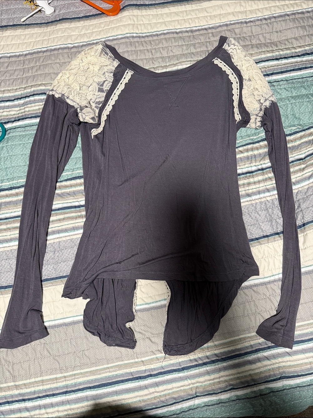 Rock & Roll Cowgirl Charcoal Long-Sleeve Top with Cream Lace Shoulders